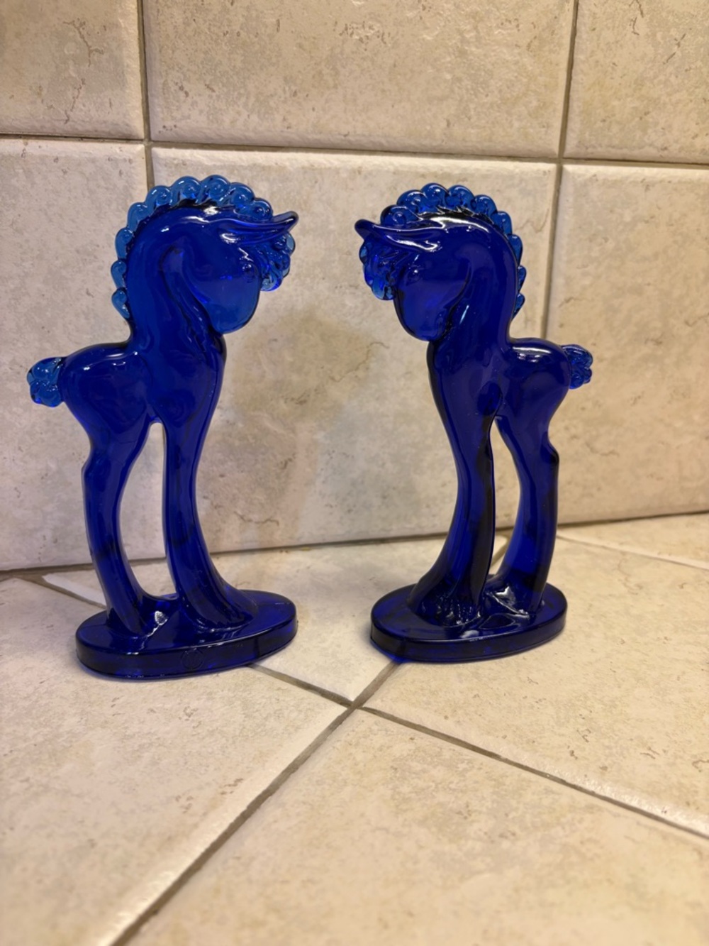Antique  5 1/2" MOSSER Cobalt Blue Glass Trojan Horse Pony Figurine #2 Pair
